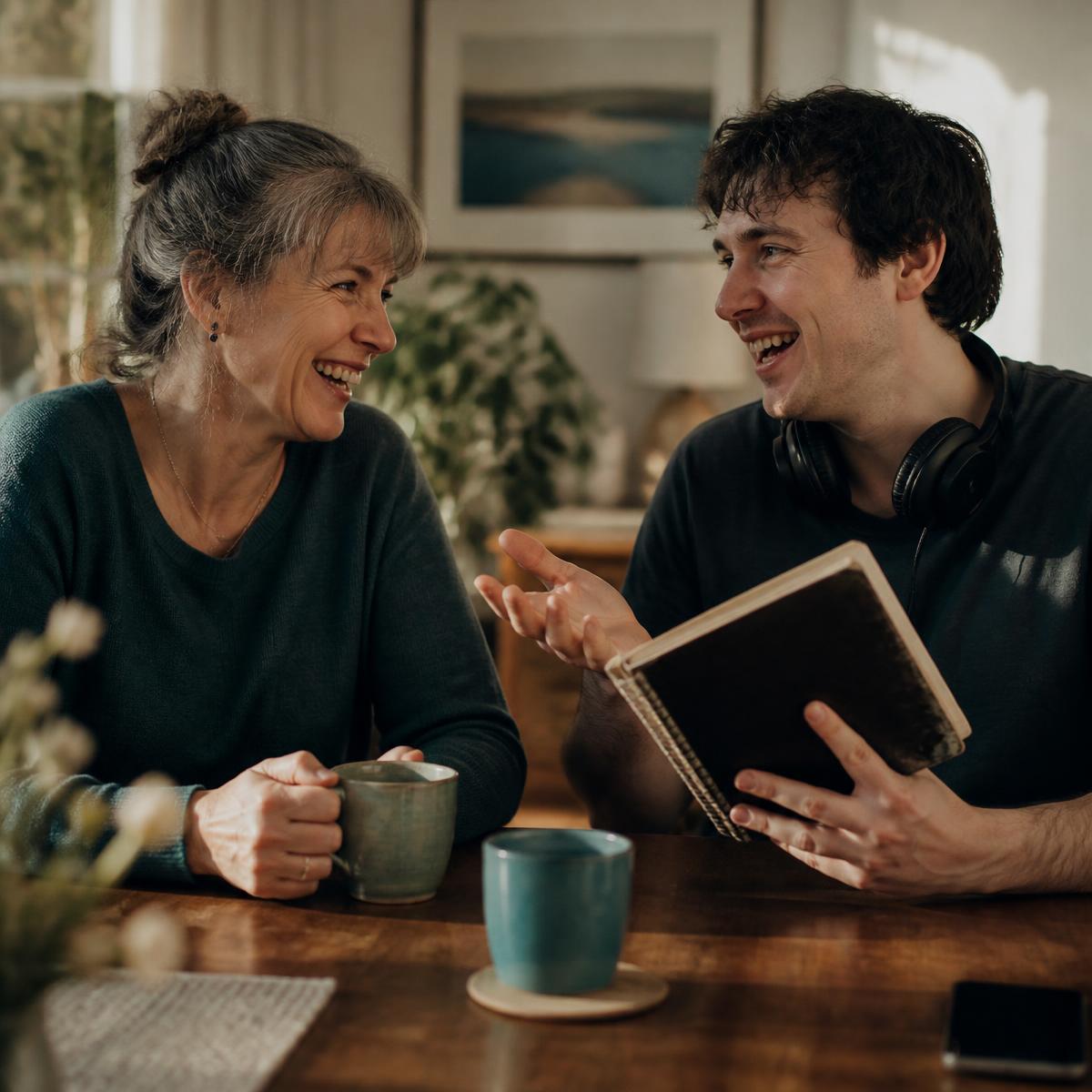 A mother and her autistic adult son laughing together over coffee, headphones around his neck and a notebook in his hands